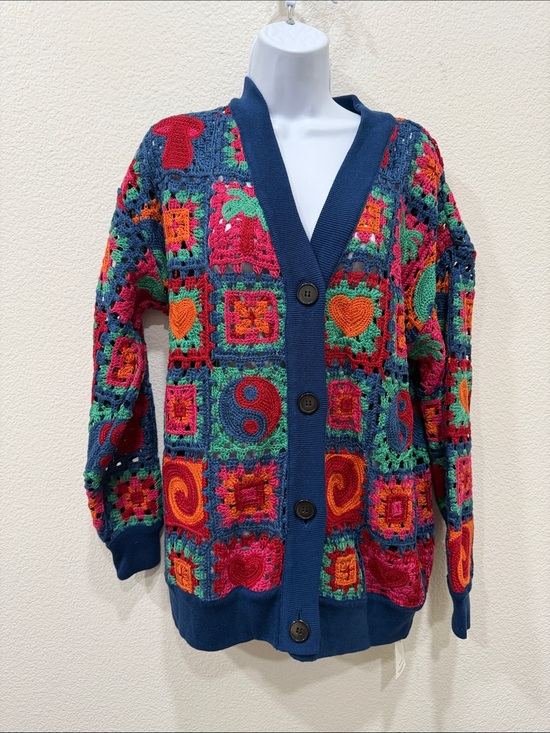 FARM Rio Sweaters - FARM Rio Multicolor Crochet Cardigan with Navy Trim